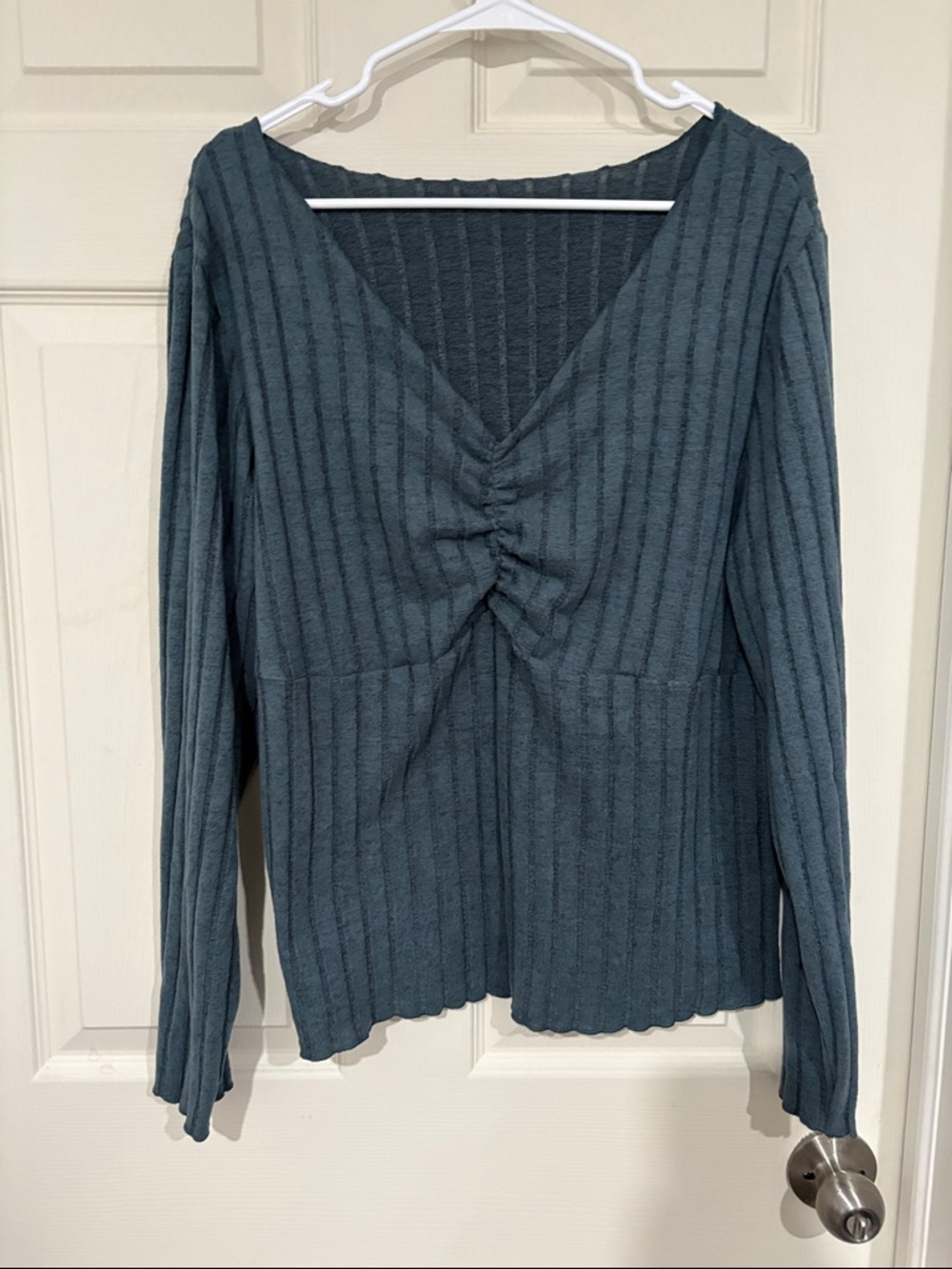 SHEIN Curve Ribbed V-Neck Top - Deep Teal
